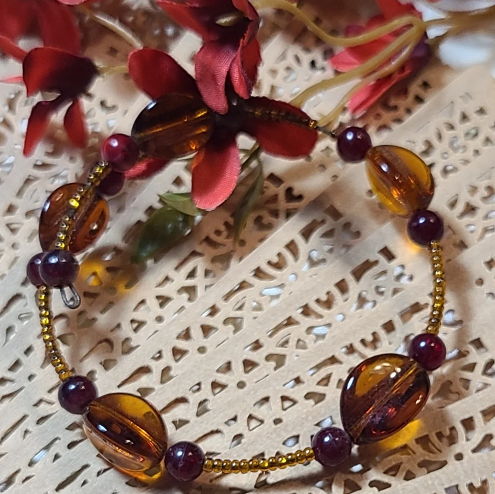 Unique Vintage Amber and Burgundy Beaded Bracelet